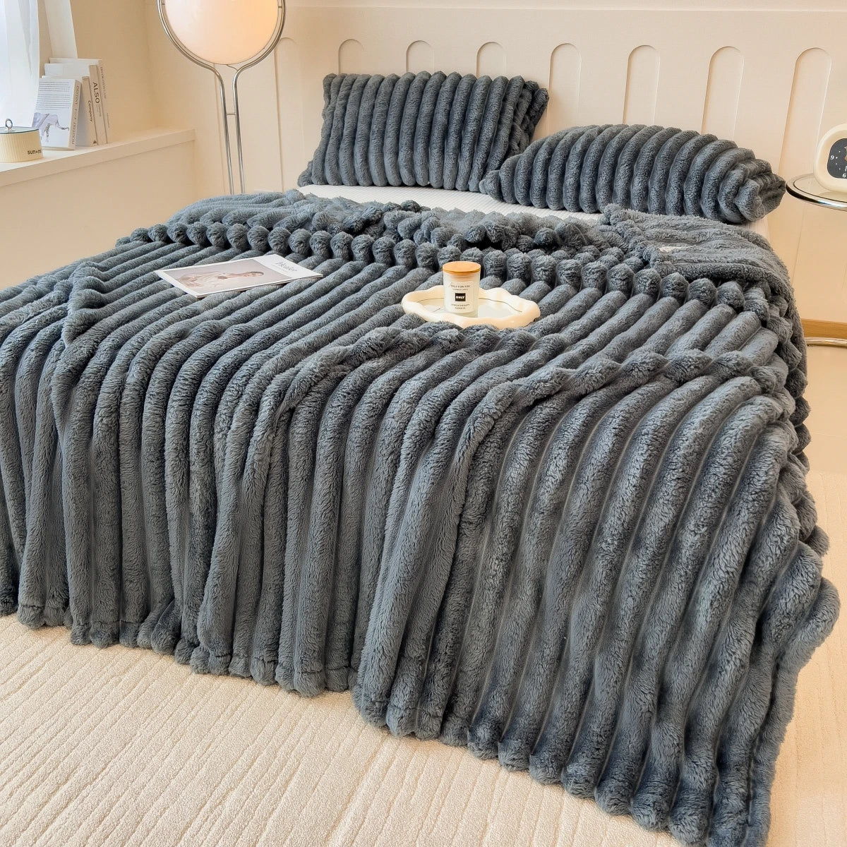 Luxury Faux Fur Velvet Striped Blanket
