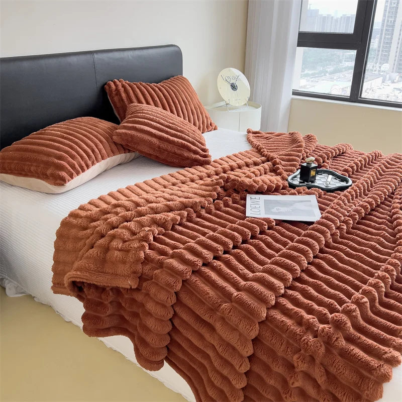 Luxury Faux Fur Velvet Striped Blanket