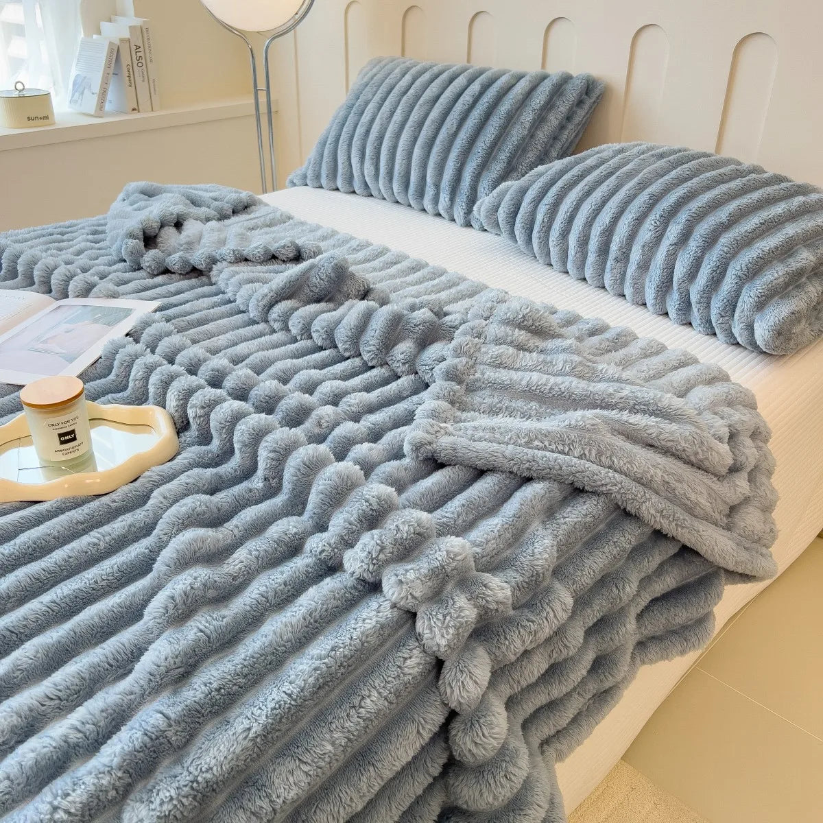 Luxury Faux Fur Velvet Striped Blanket