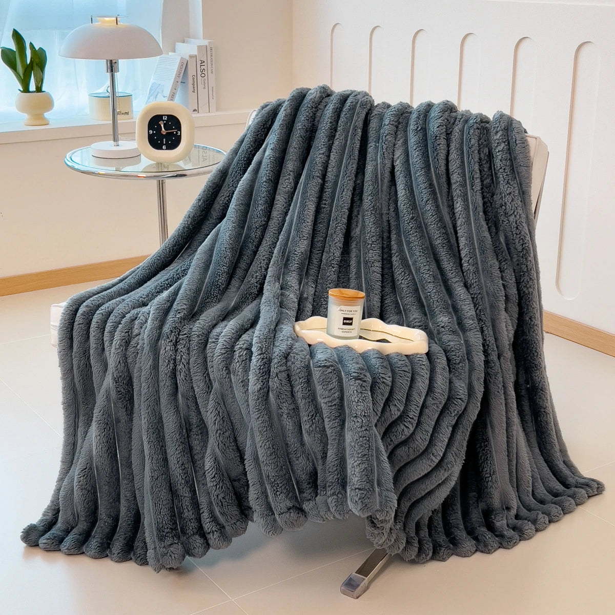 Luxury Faux Fur Velvet Striped Blanket