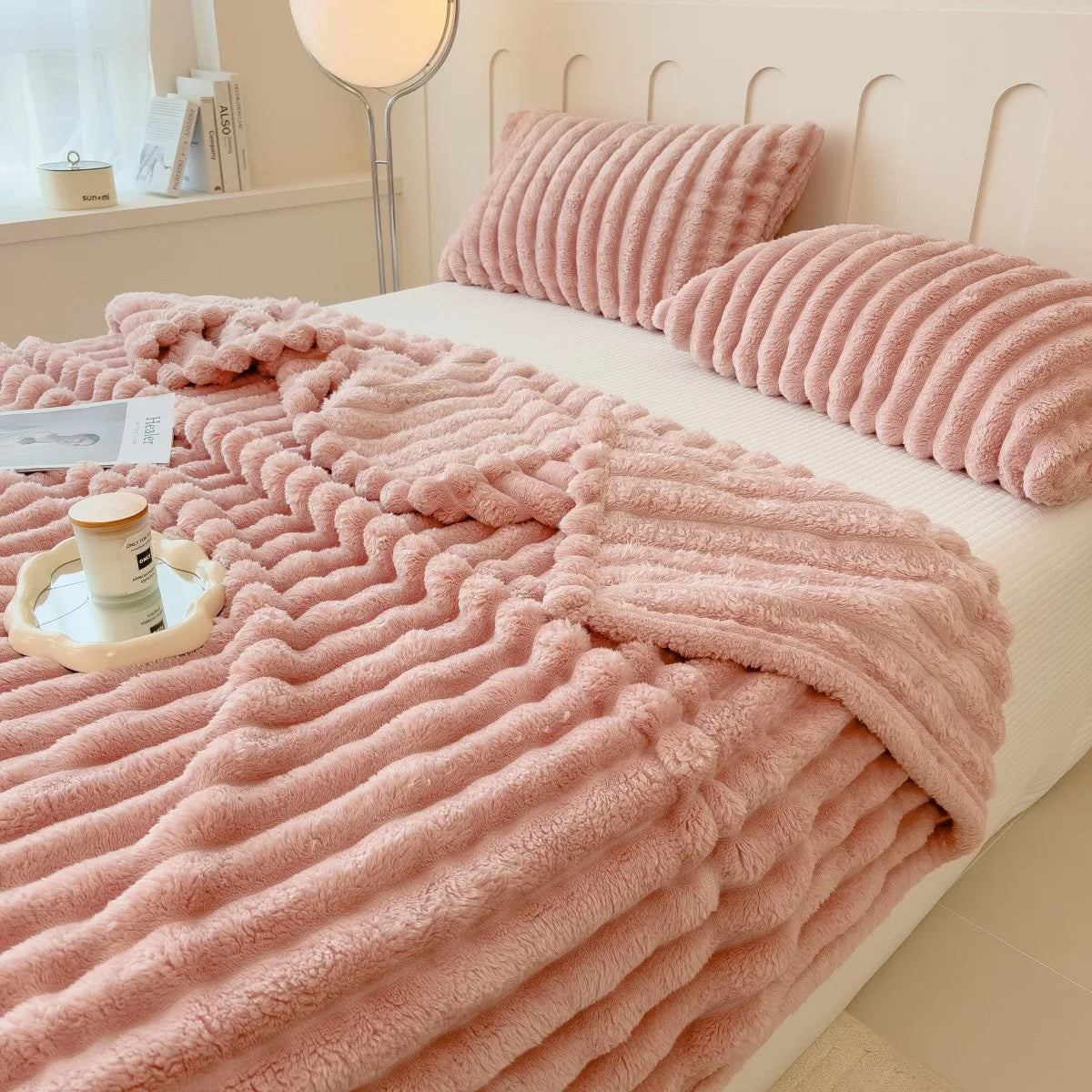 Luxury Faux Fur Velvet Striped Blanket